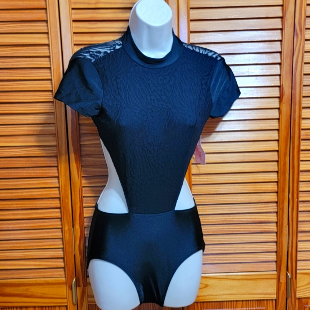 Nathalie Dance Wear Black Lytical Dane Bodysuit sz Large